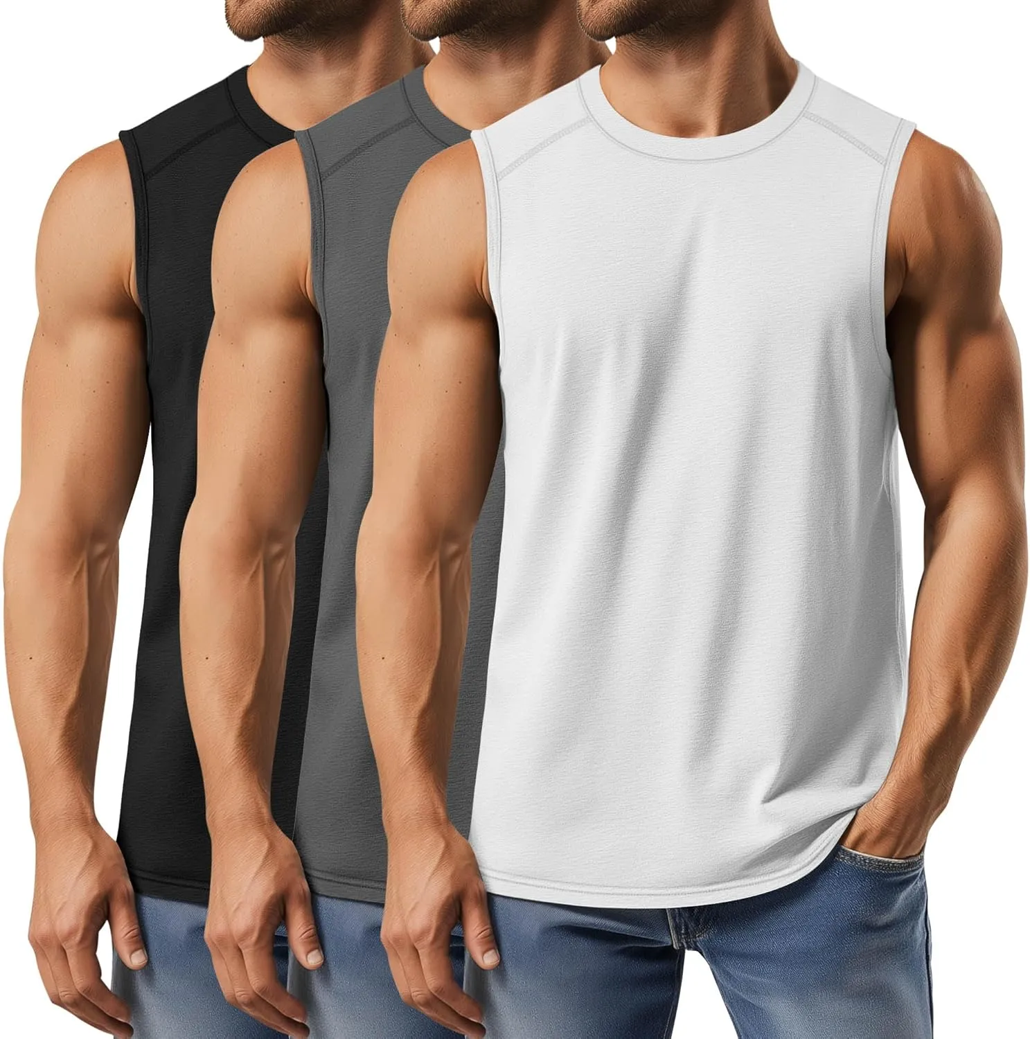 3 Pack Men's Big and Tall Tank Tops, Crewneck Sleeveless Tee Shirts Cotton Workout Swim Running Gym Muscle Shirts