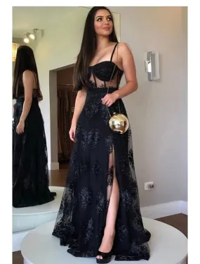 A-Line Prom Dresses Cut Out Dress Party Wear Floor Length Sleeveless Sweetheart Lace Backless with Slit Appliques