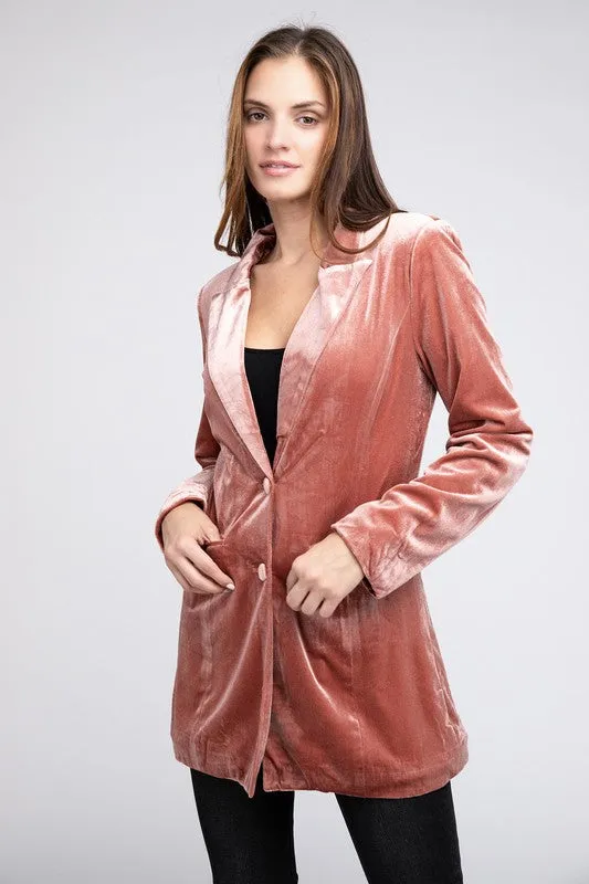 BiBi Shiny Velvet Peak Lapel Double Button Blazer
