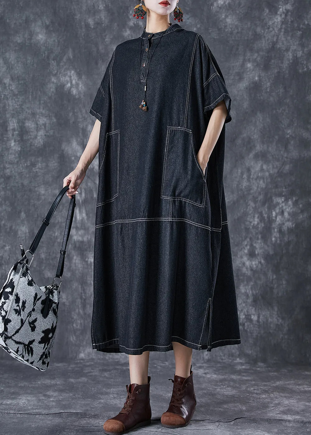 Black Denim Vacation Dresses Stand Collar Pockets Summer LY7035