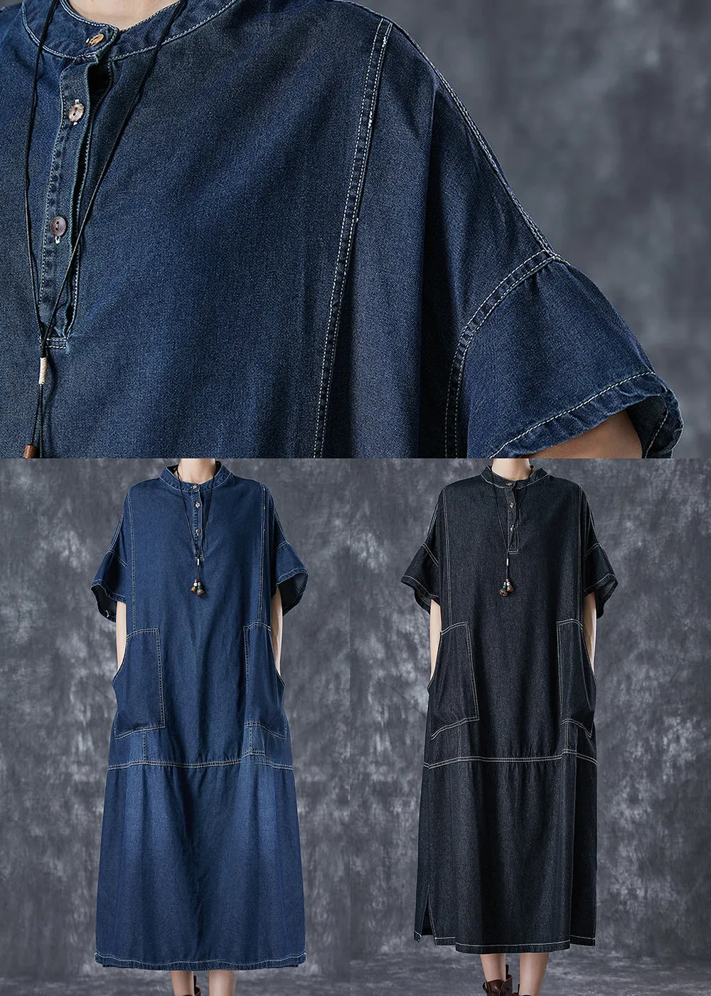 Black Denim Vacation Dresses Stand Collar Pockets Summer LY7035