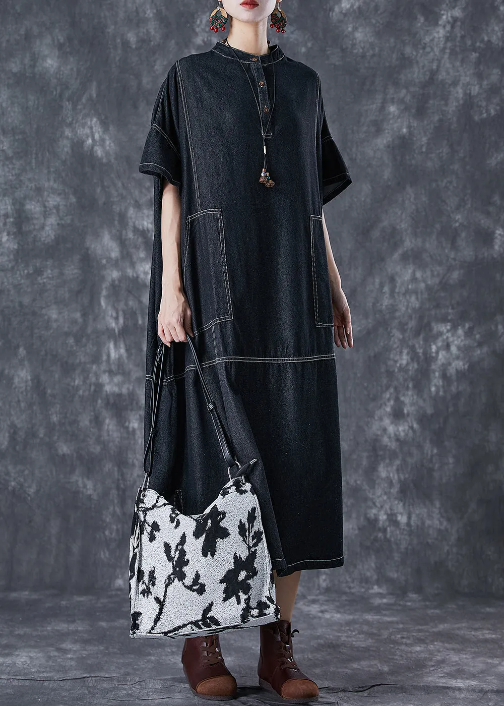 Black Denim Vacation Dresses Stand Collar Pockets Summer LY7035