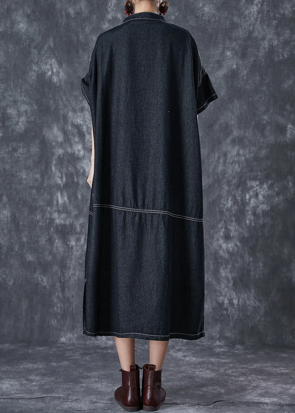 Black Denim Vacation Dresses Stand Collar Pockets Summer LY7035