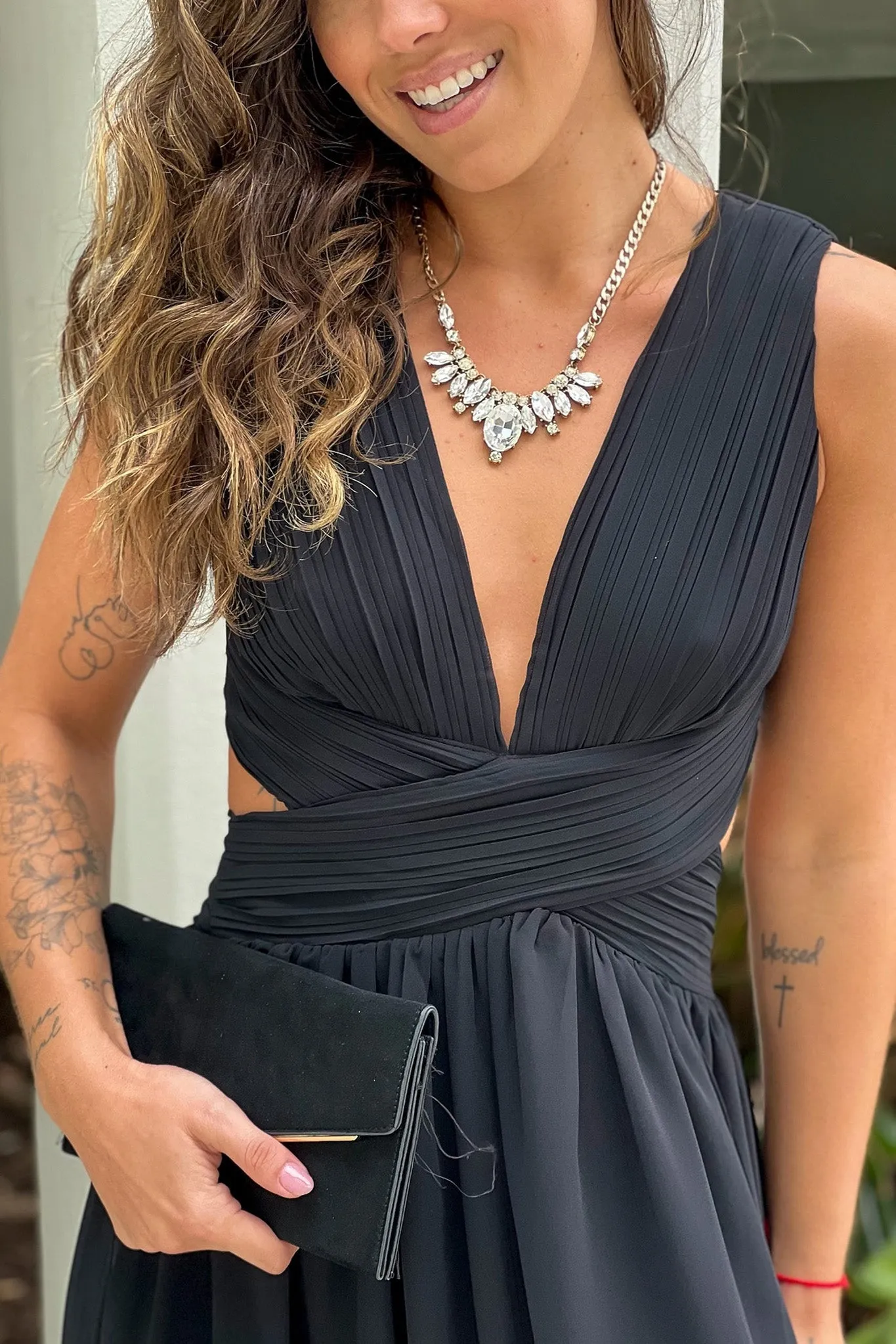 Black V-Neck Maxi Dress With Slit And Pleated Top Detail