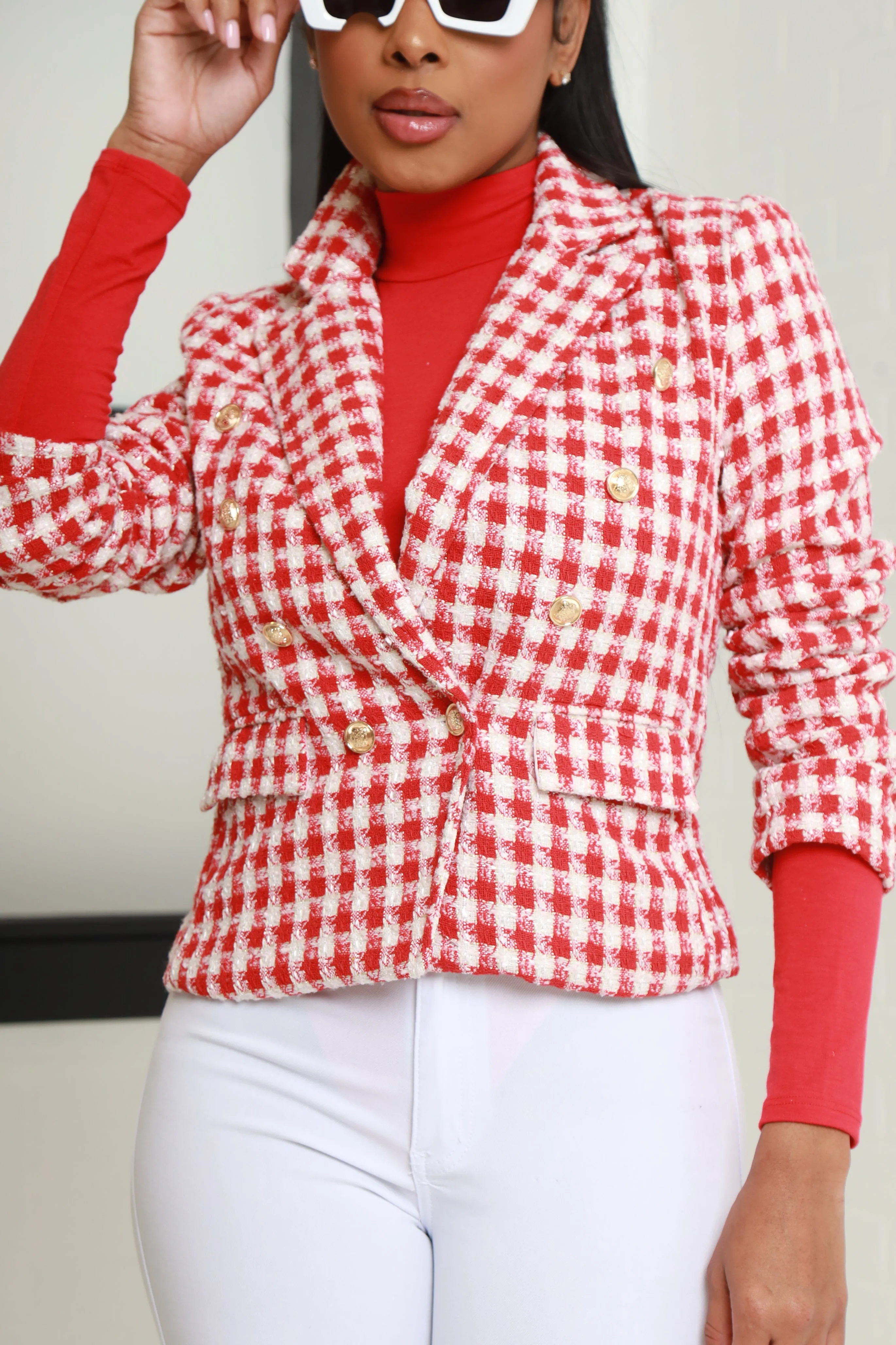 By No Means Checked Tweed Jacket - Red/White