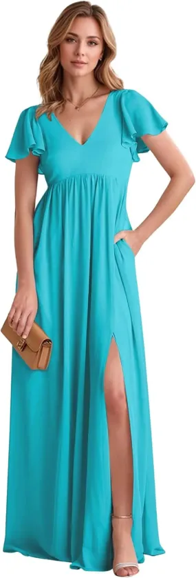 Cadoly Women's Chiffon A-Line 2025 Bridesmaid Dresses for Wedding Long with Slit Ruffle Sleeves V-Neck Formal Dresses