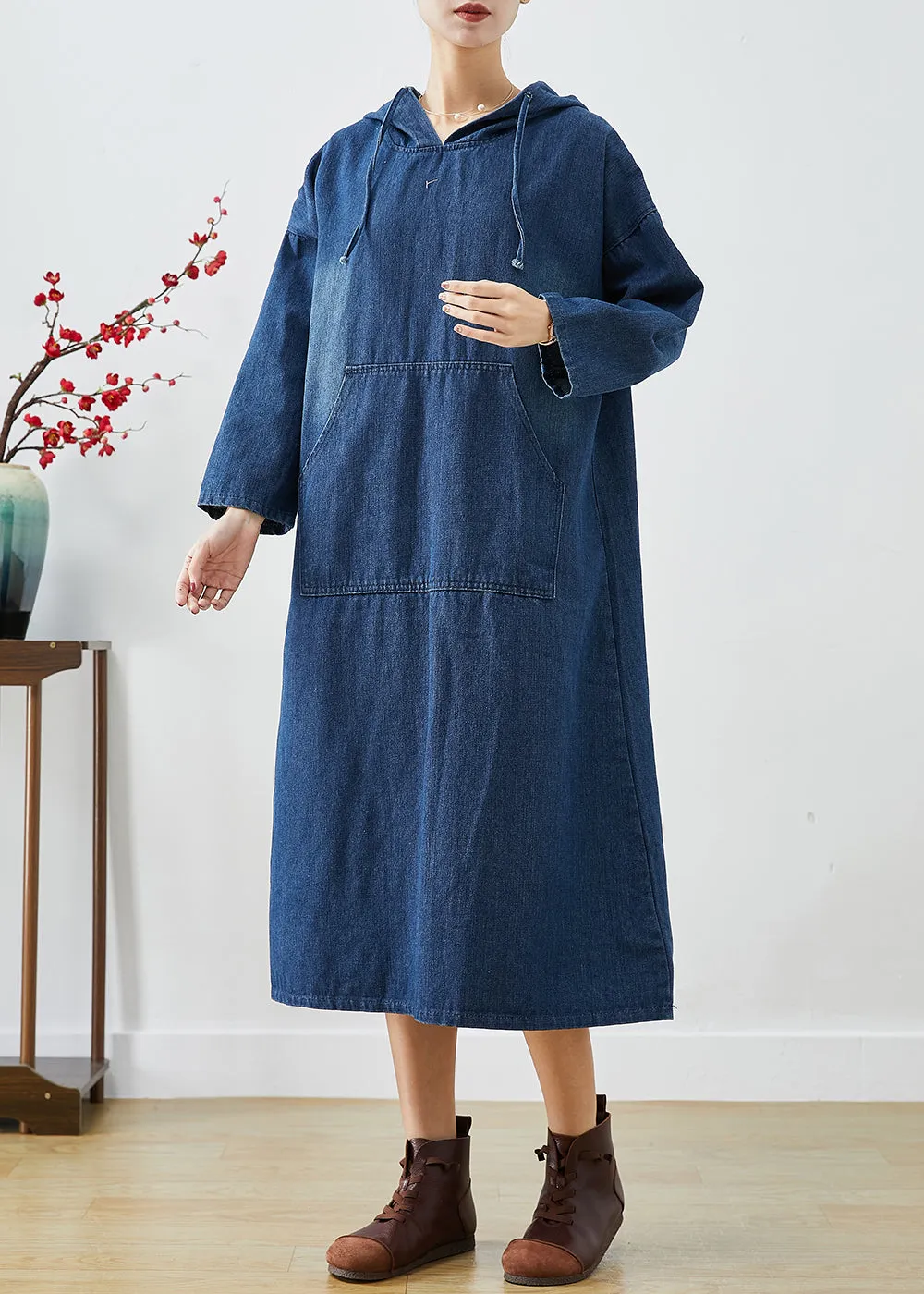 Casual Navy Oversized Hooded Denim Vacation Dresses Fall LY9255