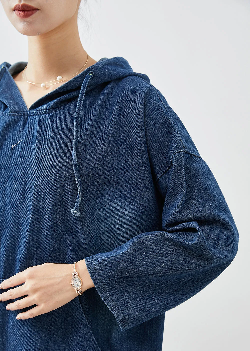Casual Navy Oversized Hooded Denim Vacation Dresses Fall LY9255