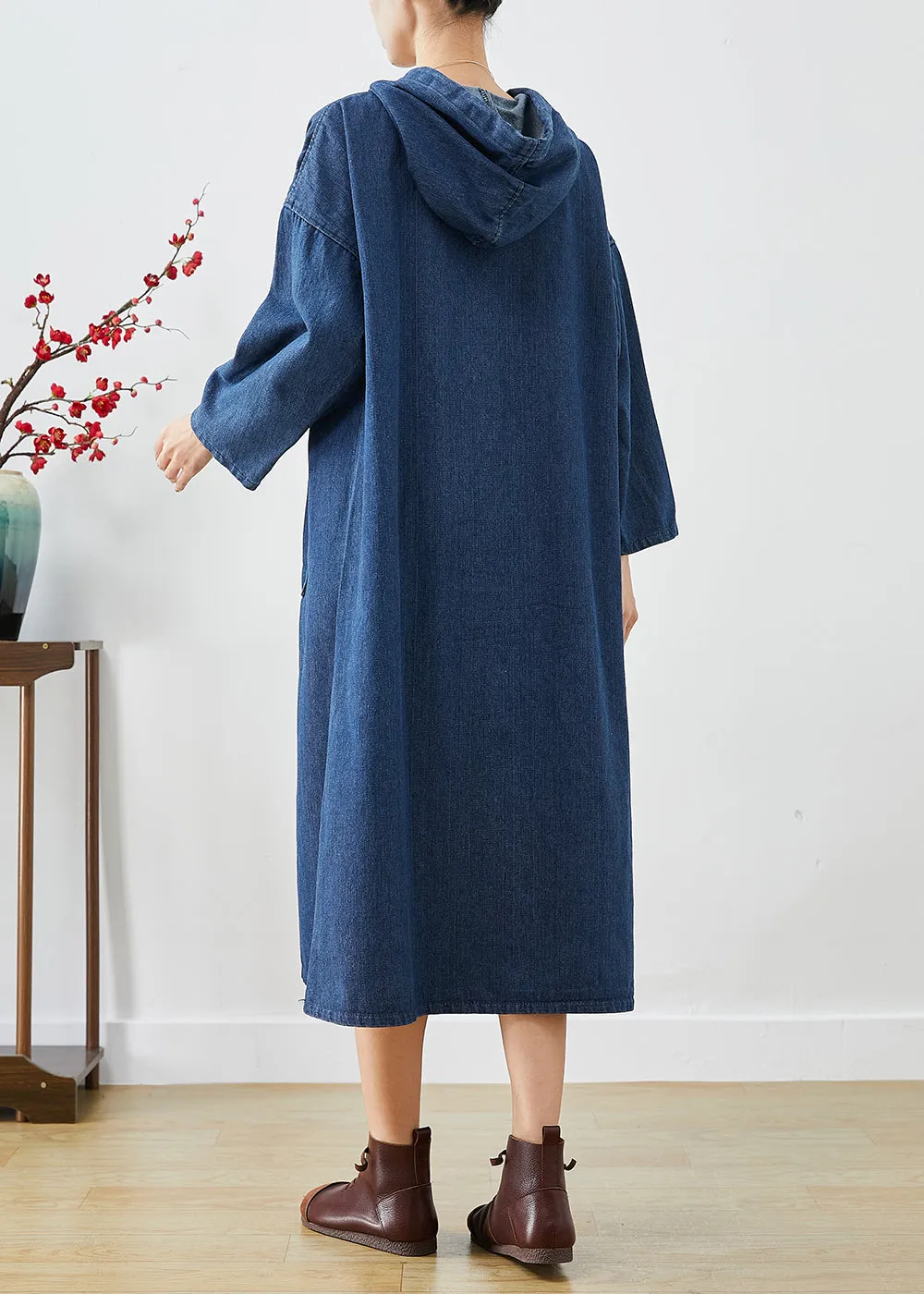Casual Navy Oversized Hooded Denim Vacation Dresses Fall LY9255