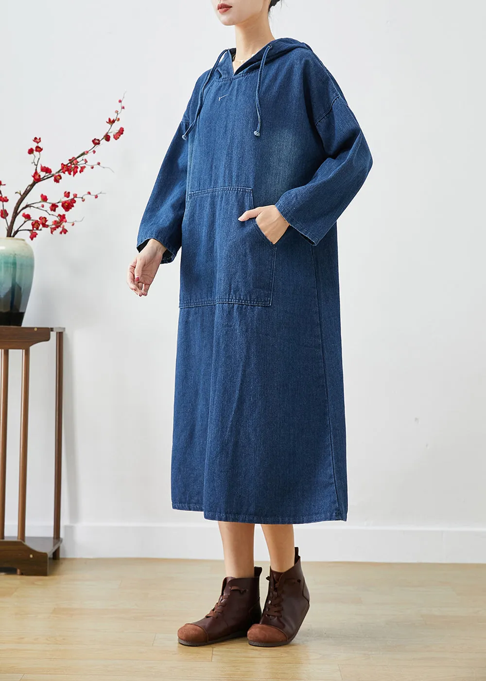 Casual Navy Oversized Hooded Denim Vacation Dresses Fall LY9255
