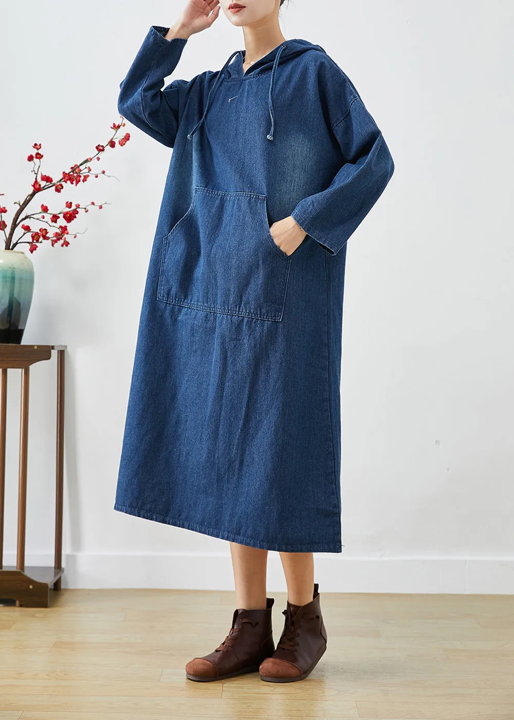 Casual Navy Oversized Hooded Denim Vacation Dresses Fall LY9255