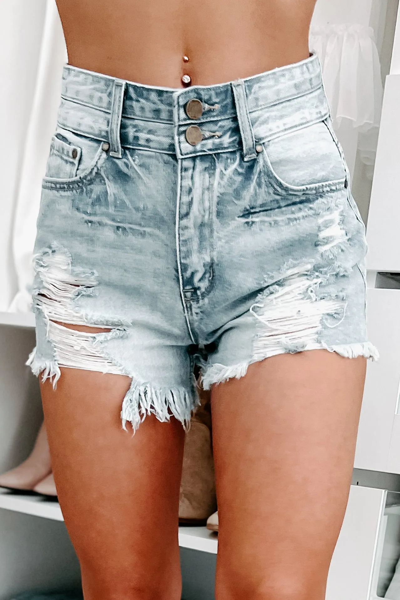 Charm You Double-Button Distressed Denim Shorts (Medium Light)