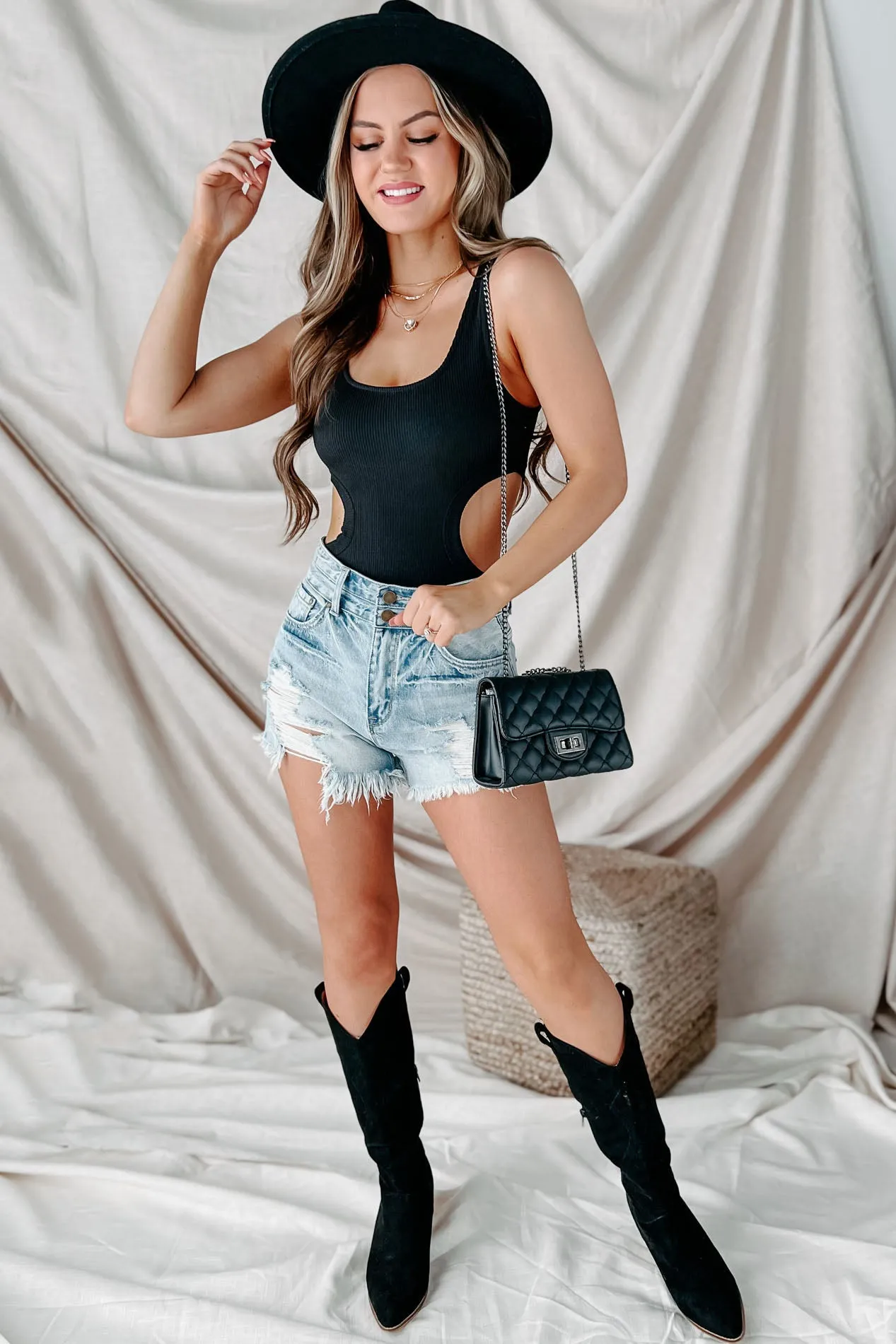 Charm You Double-Button Distressed Denim Shorts (Medium Light)