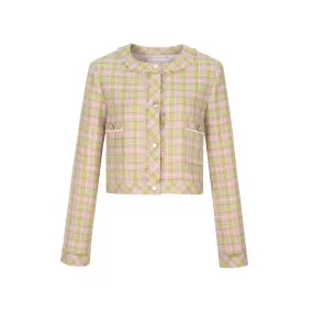 Checkered Tweed Plaid Blazer in Pink And Green