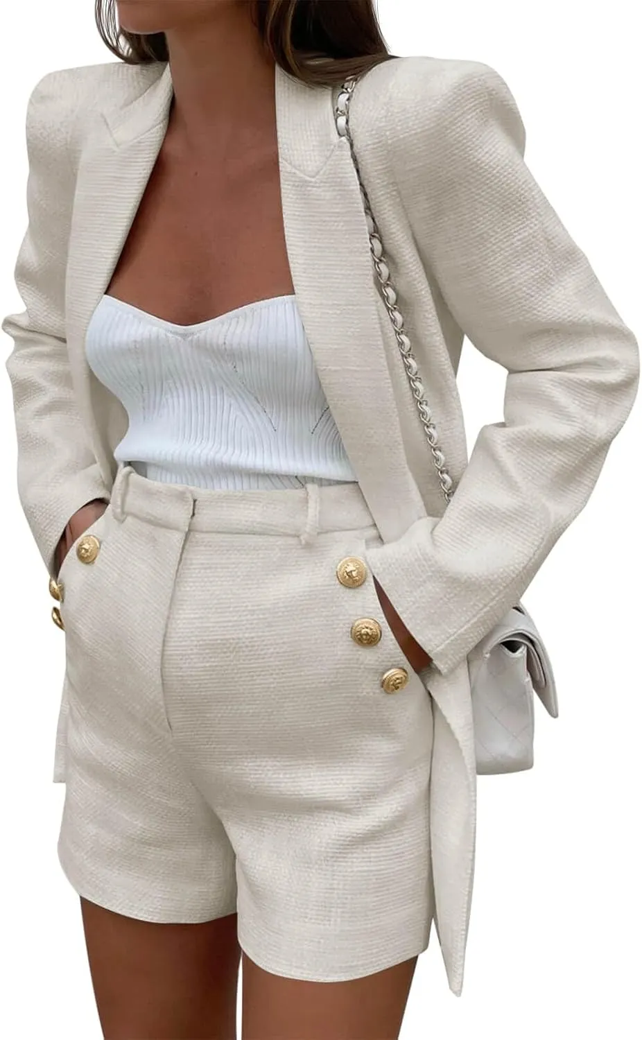 Cicy Bell Womens 2 Piece Tweed Blazer Shorts Sets Long Sleeve Double Breasted Suit Jackets Business Outfit