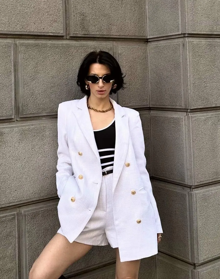 Cicy Bell Womens 2 Piece Tweed Blazer Shorts Sets Long Sleeve Double Breasted Suit Jackets Business Outfit