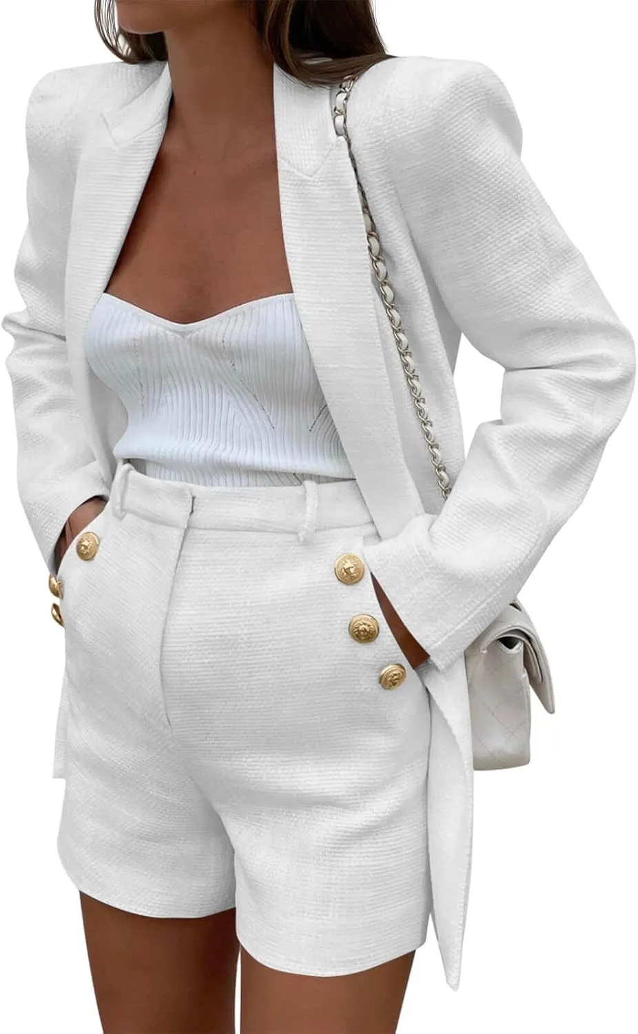 Cicy Bell Womens 2 Piece Tweed Blazer Shorts Sets Long Sleeve Double Breasted Suit Jackets Business Outfit