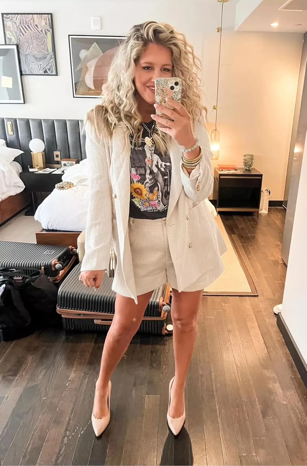 Cicy Bell Womens 2 Piece Tweed Blazer Shorts Sets Long Sleeve Double Breasted Suit Jackets Business Outfit