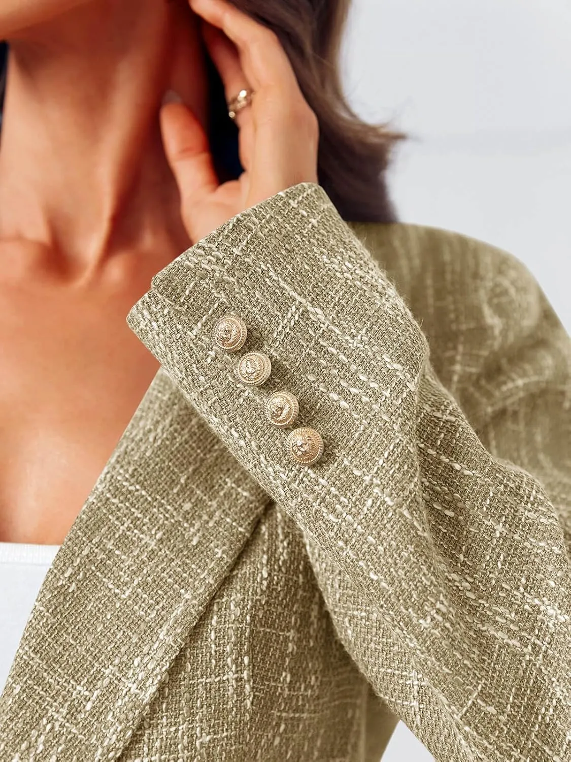 Cicy Bell Womens 2 Piece Tweed Blazer Shorts Sets Long Sleeve Double Breasted Suit Jackets Business Outfit