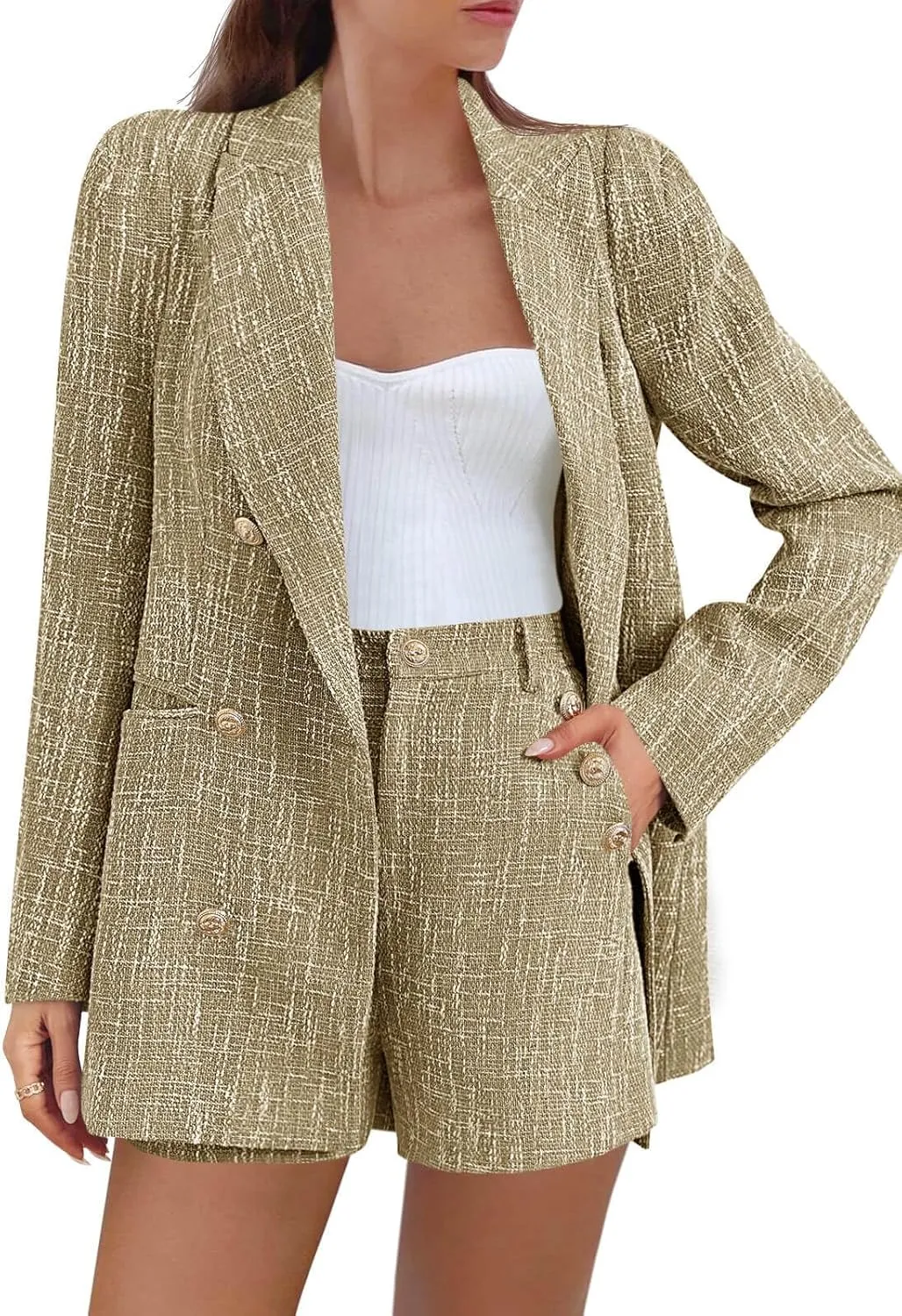 Cicy Bell Womens 2 Piece Tweed Blazer Shorts Sets Long Sleeve Double Breasted Suit Jackets Business Outfit