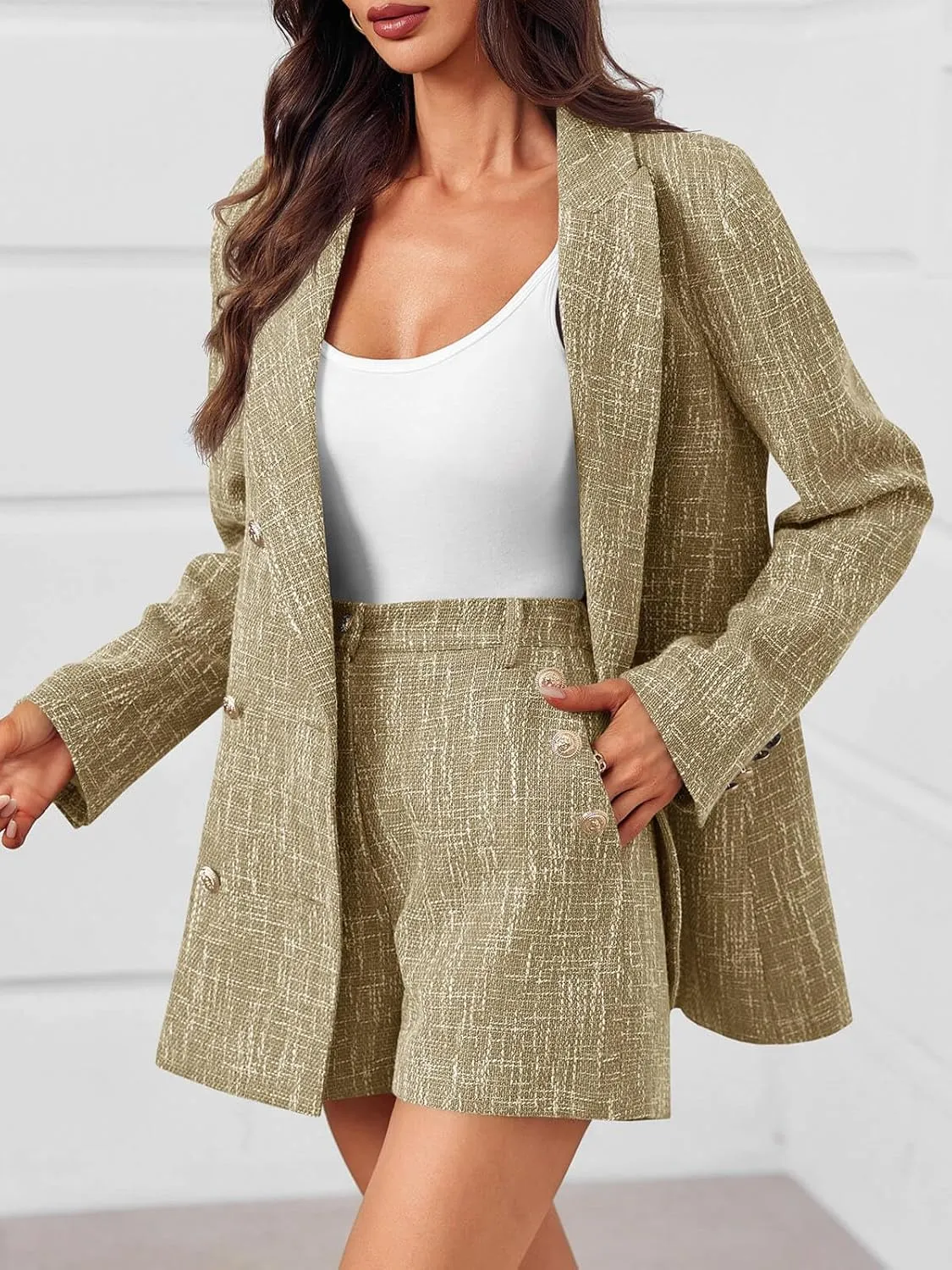 Cicy Bell Womens 2 Piece Tweed Blazer Shorts Sets Long Sleeve Double Breasted Suit Jackets Business Outfit