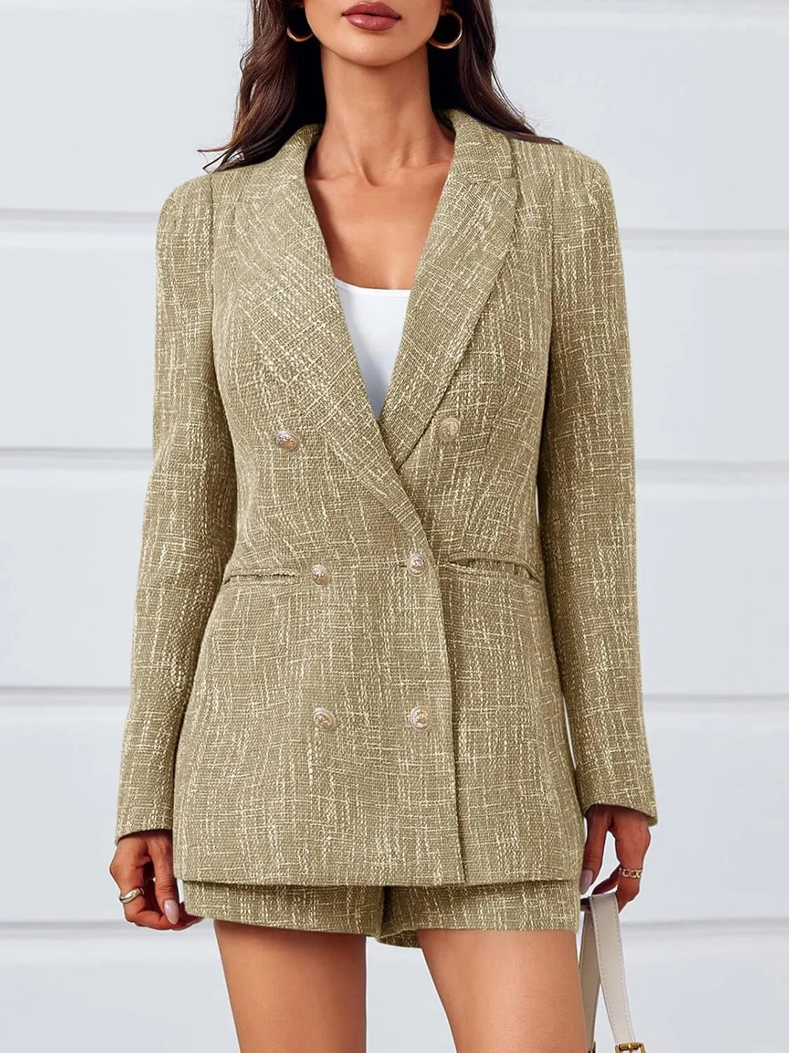 Cicy Bell Womens 2 Piece Tweed Blazer Shorts Sets Long Sleeve Double Breasted Suit Jackets Business Outfit