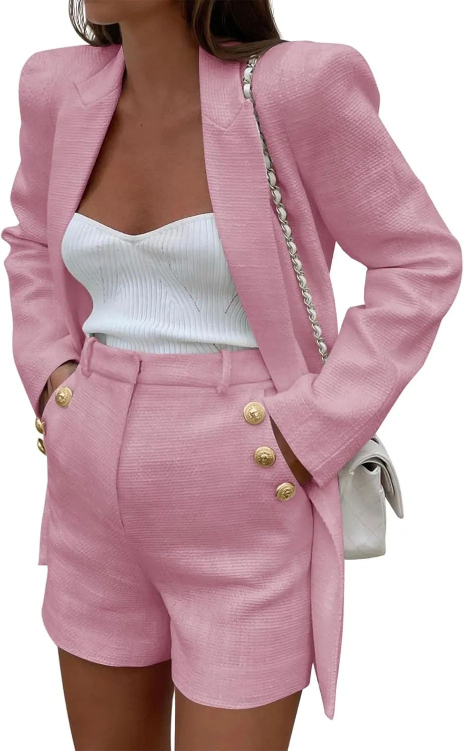 Cicy Bell Womens 2 Piece Tweed Blazer Shorts Sets Long Sleeve Double Breasted Suit Jackets Business Outfit