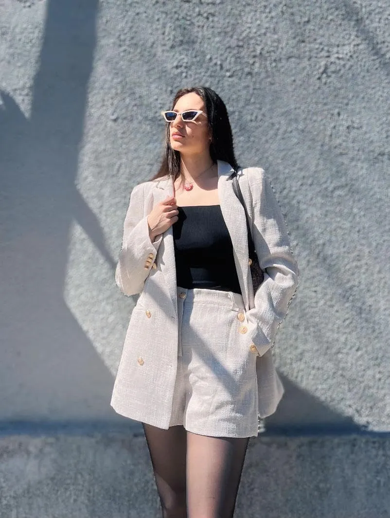 Cicy Bell Womens 2 Piece Tweed Blazer Shorts Sets Long Sleeve Double Breasted Suit Jackets Business Outfit