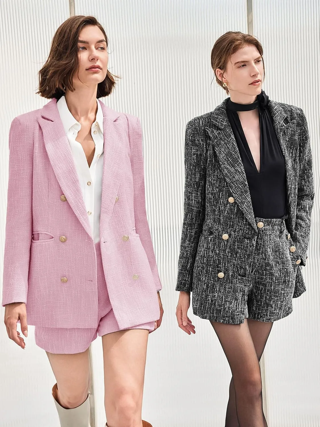 Cicy Bell Womens 2 Piece Tweed Blazer Shorts Sets Long Sleeve Double Breasted Suit Jackets Business Outfit