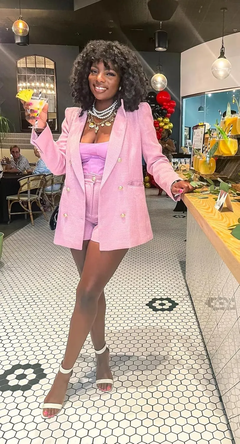 Cicy Bell Womens 2 Piece Tweed Blazer Shorts Sets Long Sleeve Double Breasted Suit Jackets Business Outfit