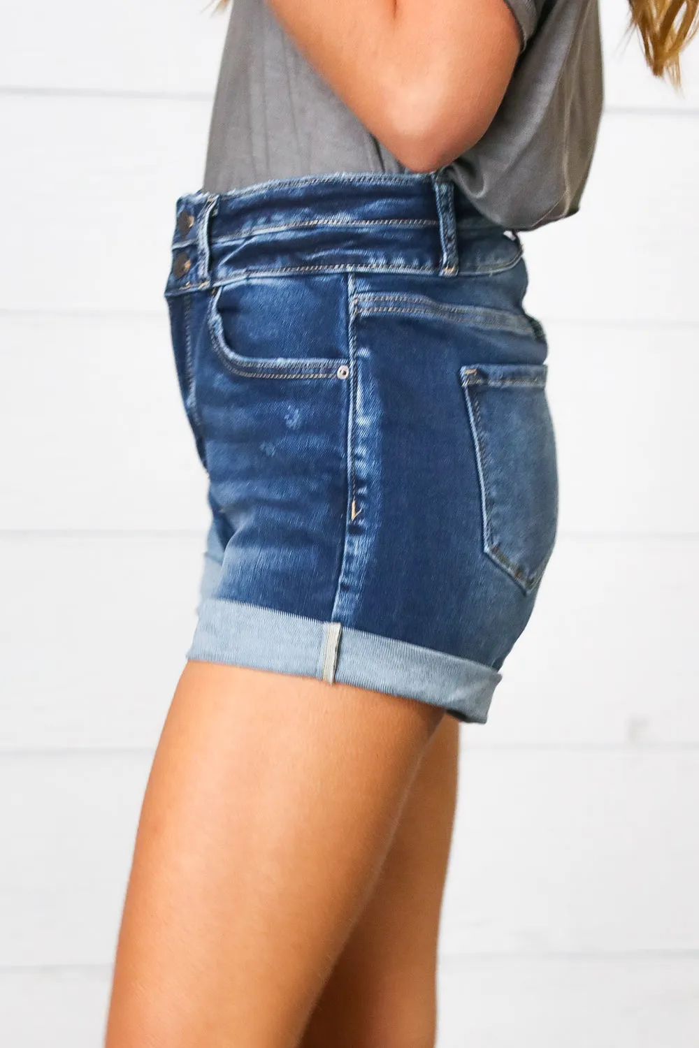 Cuffed Hem Double Button Closure Denim Shorts