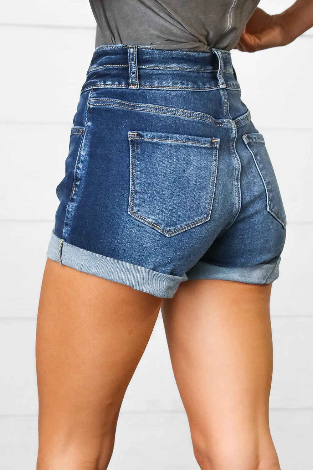 Cuffed Hem Double Button Closure Denim Shorts