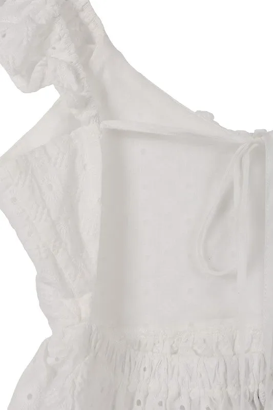 Cute Stylish Open Back Tie Ruffled Trim Flare Fashion Top White