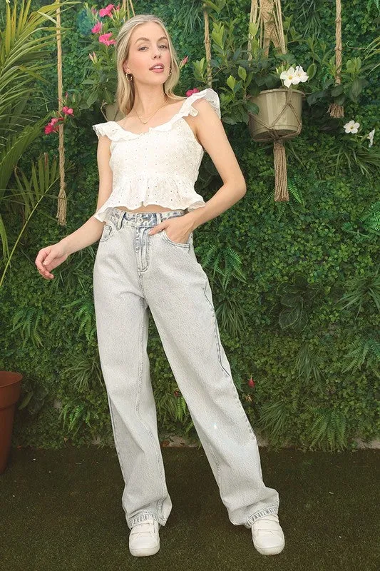 Cute Stylish Open Back Tie Ruffled Trim Flare Fashion Top White