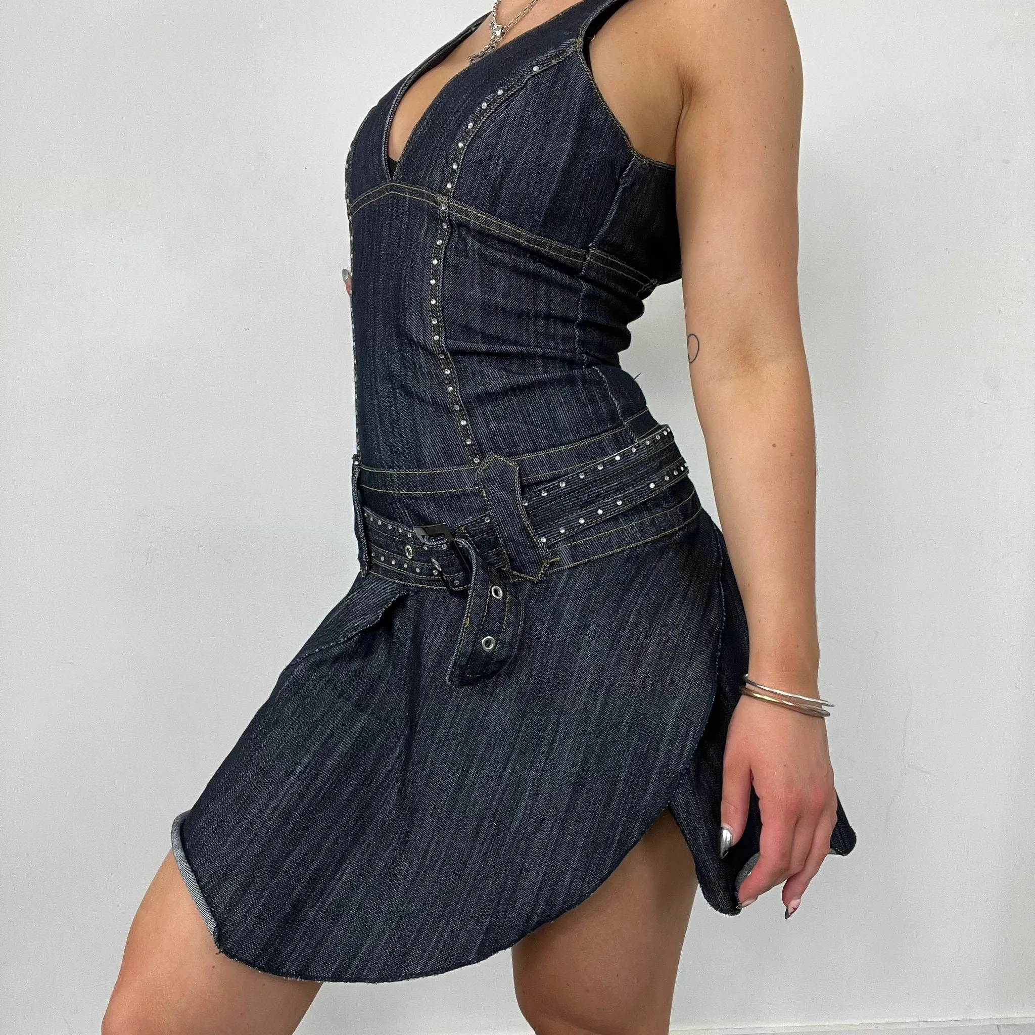 Denim V Neck Diamonte Belted Dress (XS)