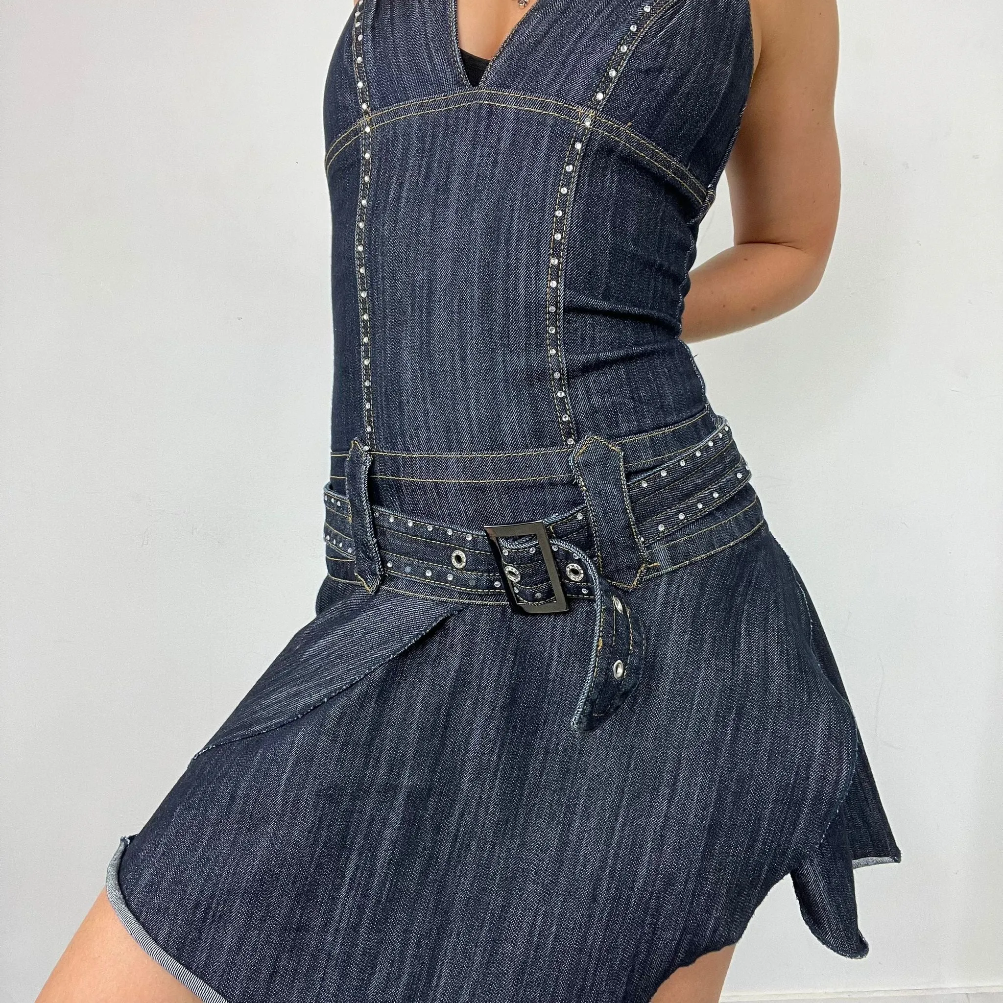 Denim V Neck Diamonte Belted Dress (XS)