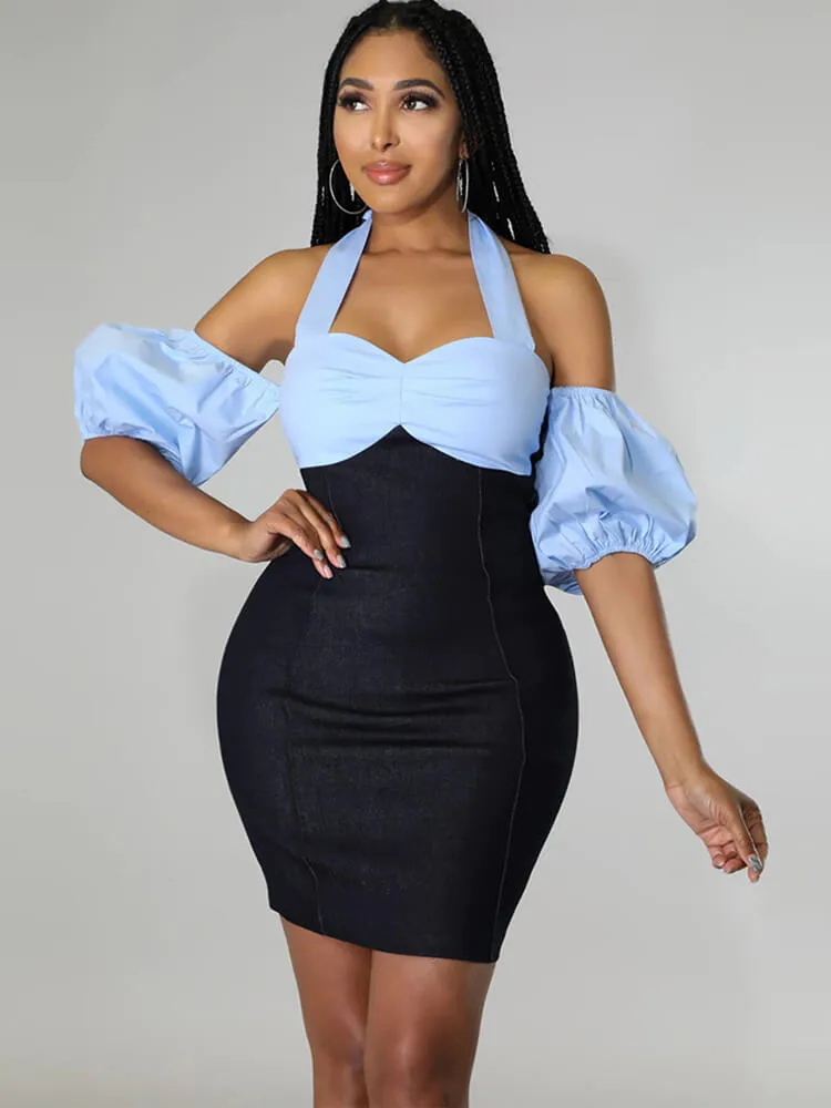 Denin Patchwork Off Shoulder Mini Dresses
