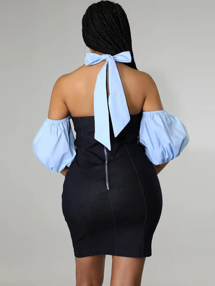 Denin Patchwork Off Shoulder Mini Dresses