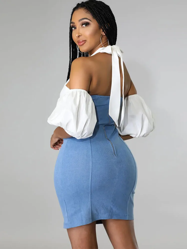 Denin Patchwork Off Shoulder Mini Dresses
