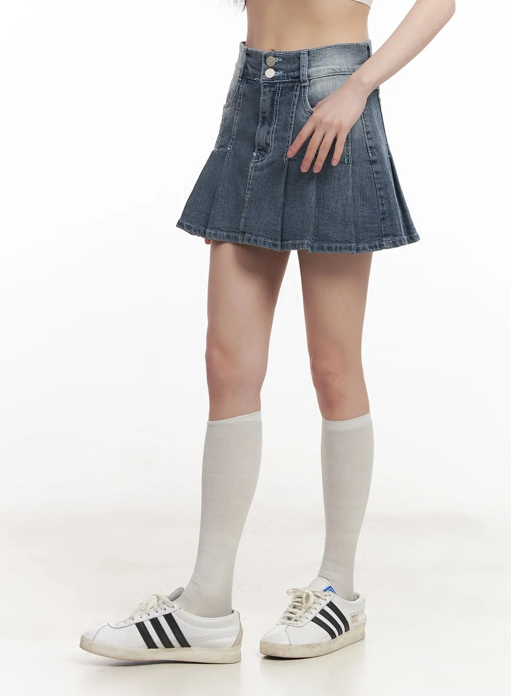 Double Button Denim Pleated Mini Skirt CM519