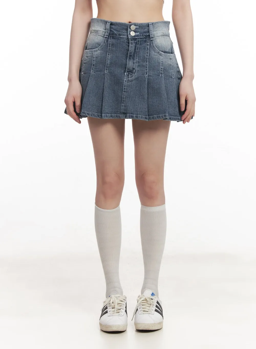 Double Button Denim Pleated Mini Skirt CM519