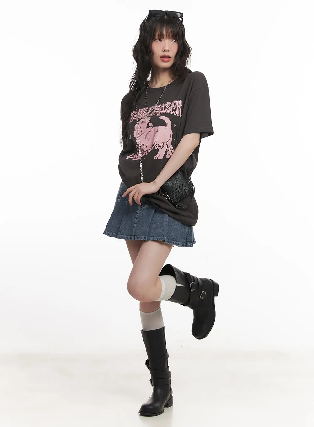Double Button Denim Pleated Mini Skirt CM519