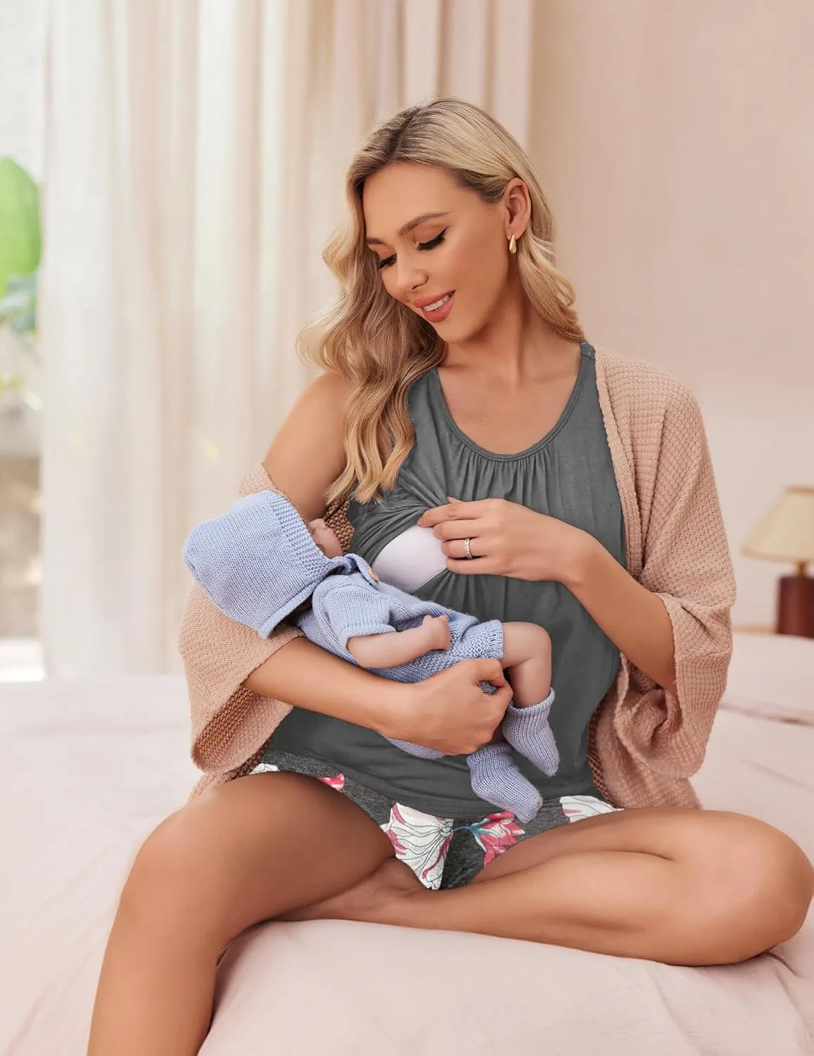 Ekouaer Women Maternity Nursing Pajama Set Breastfeeding Double Layer Pregnancy Pjs Set Sleeveless Top & Shorts with Pockets