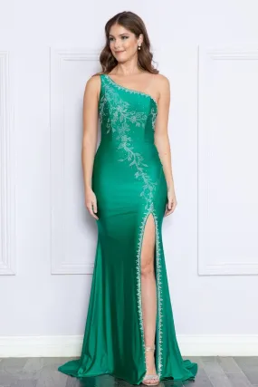 Emerald Rhinestone Single Shoulder Slit Front Long Dress