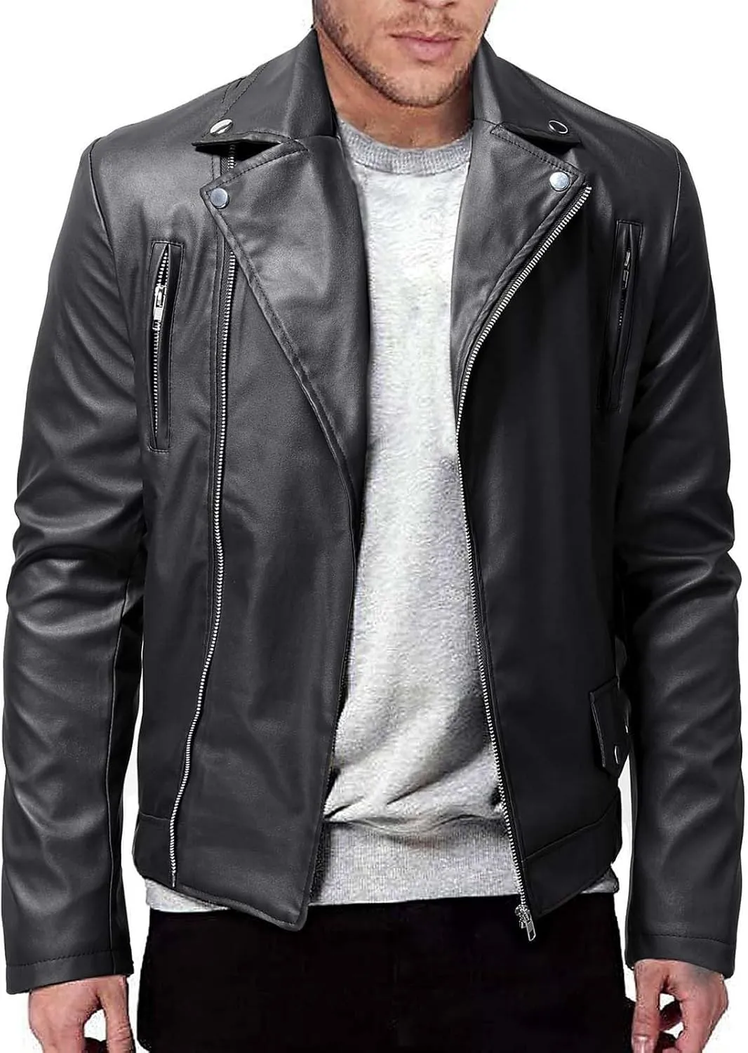 Faux Leather Jacket for Men Black Motorcycle Bomber Jackets Lightweight Lapel Asymmetric Zip-Up Slim Fit Biker Coats