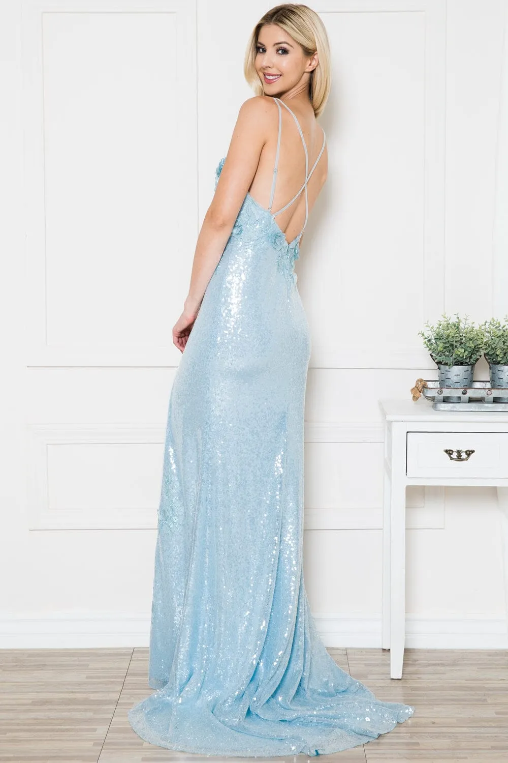Fitted 3D Floral Sequin Slit Gown by Amelia Couture 5020