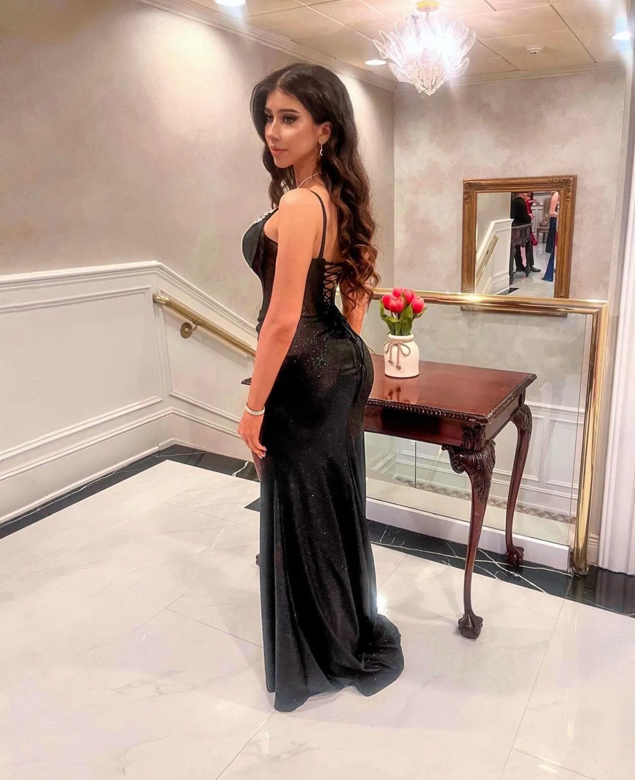 Fitted Glitter Sheer Corset Slit Gown by Ladivine CD307