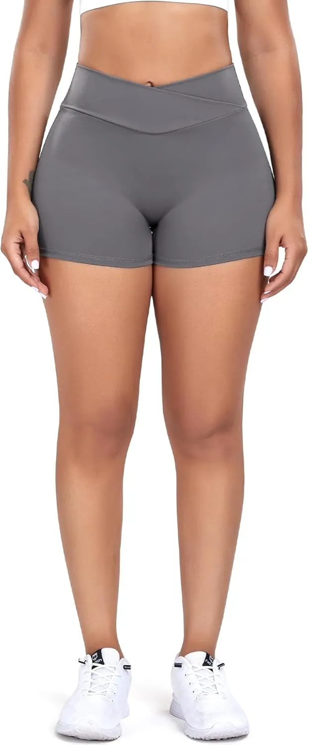 FITTOO Scrunch Butt Lifting Shorts for Women with Pocket Cross High Waist Crossover Yoga Workout Booty Shorts