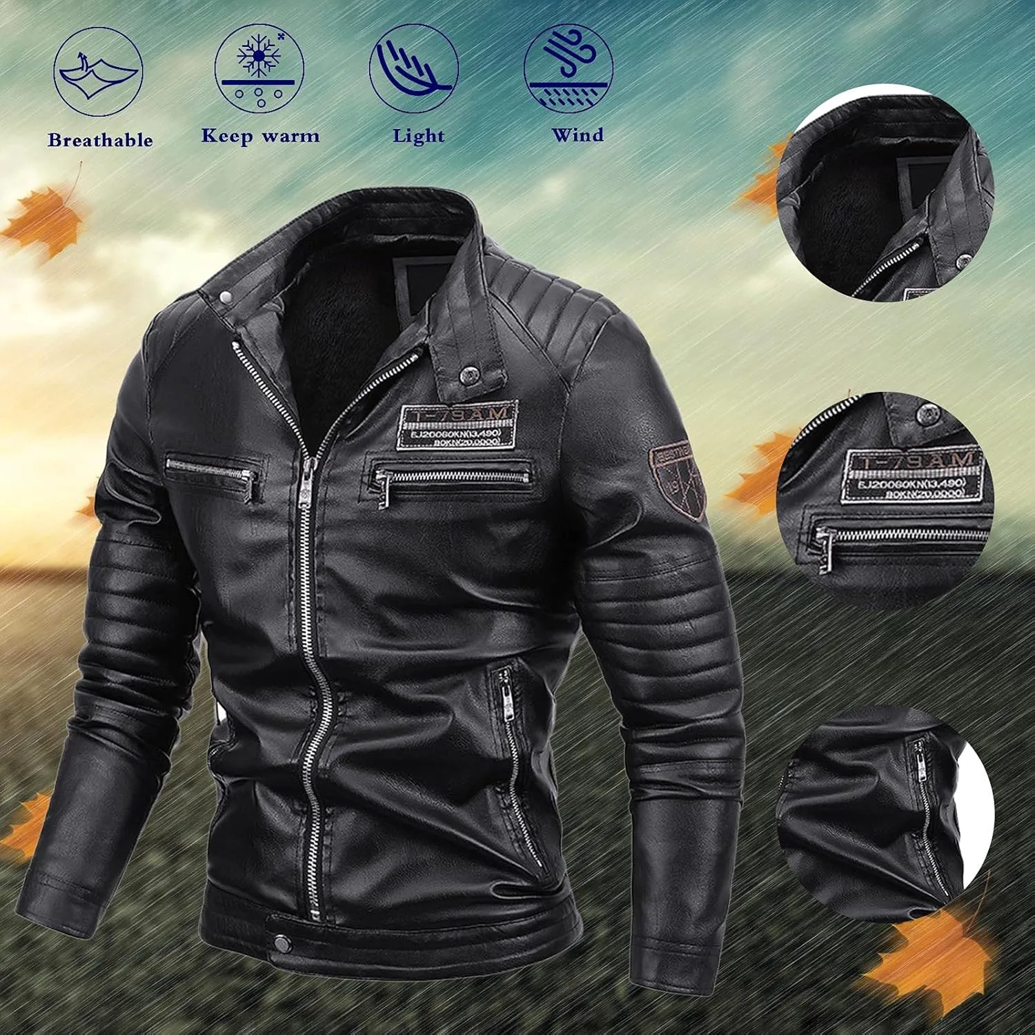 Fleece Lined Faux Leather Jackets for Men Full Zip Jacket with Stand Up Collar Slim Fit VSlim Fit Motorcycle Jacket