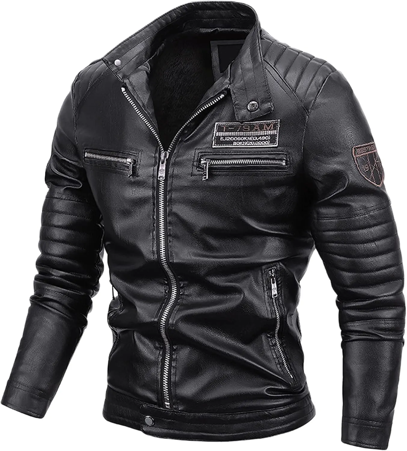 Fleece Lined Faux Leather Jackets for Men Full Zip Jacket with Stand Up Collar Slim Fit VSlim Fit Motorcycle Jacket